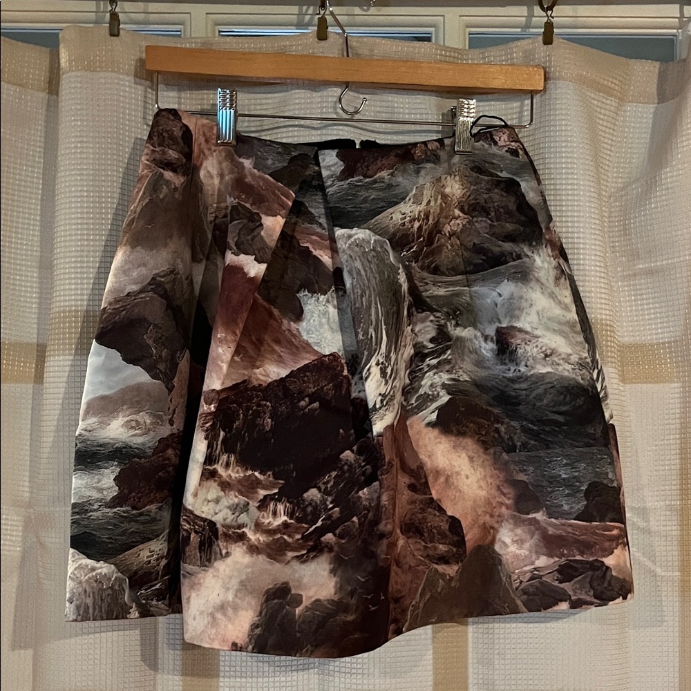 Carven A-Line Skirt in Brown, Black, Cream Marble Print